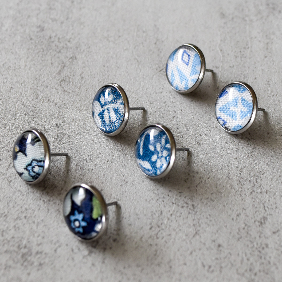 Stud Tea High Tea Stud Set – Silver Blue & White Floral and Diamond Earrings ...