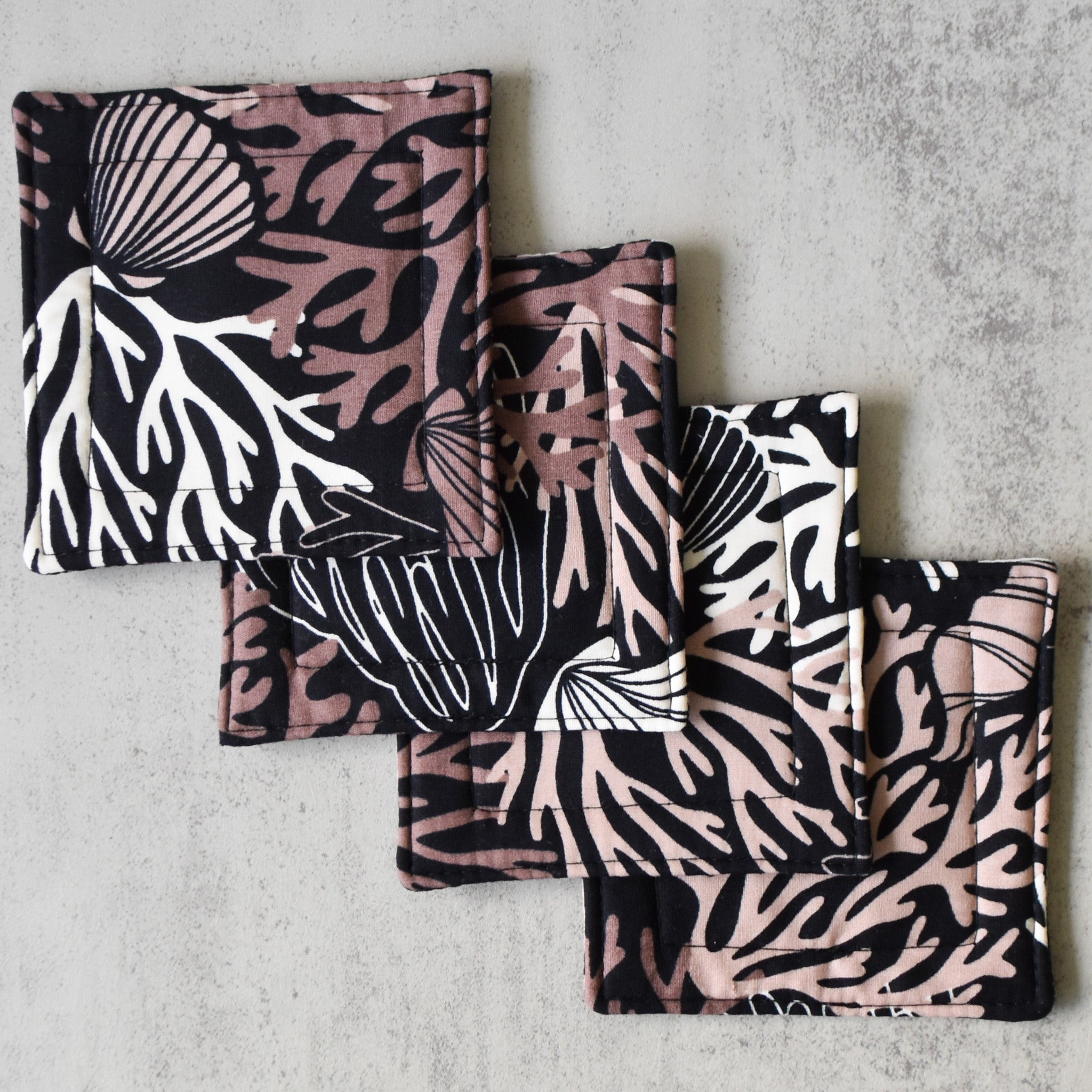 Shell-O Fabric Coasters – Black Coral and Shell Cotton Set of 4 ...